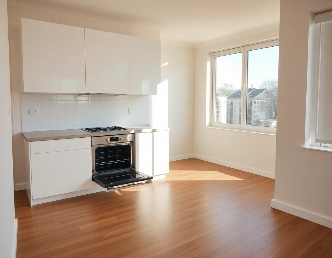 Professional bond cleaner steam-cleaning a tiled Brisbane apartment kitchen